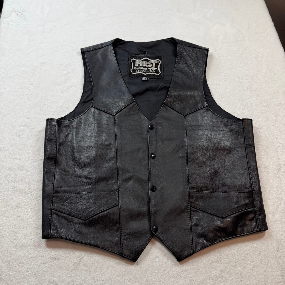 First Genuine Leather‎ Biker Vest Mens 44 Black Good Snap Front Motorcycle Gear